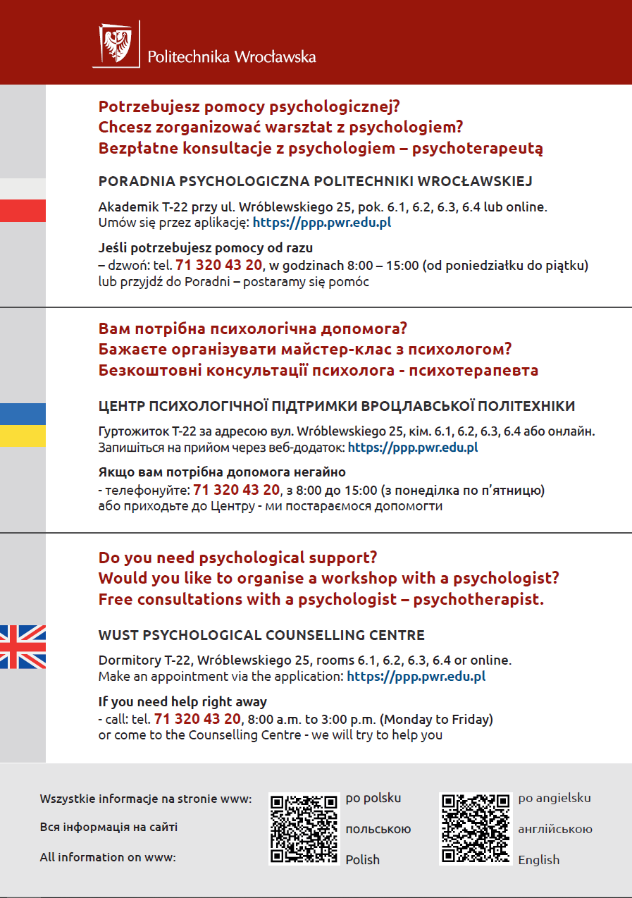 Informacja o poradni w języku polskim, ukraińskim i angielskim