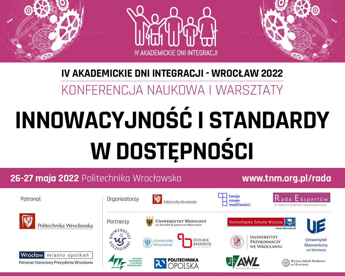 Baner IV Akademickie Dni Integracji, konferencja naukowa i warsztaty. Temat: Innowacyjność i standardy dostępności. 26-27 maja Politechnika Wrocławska. Na dole loga organizatorów i patronaty.