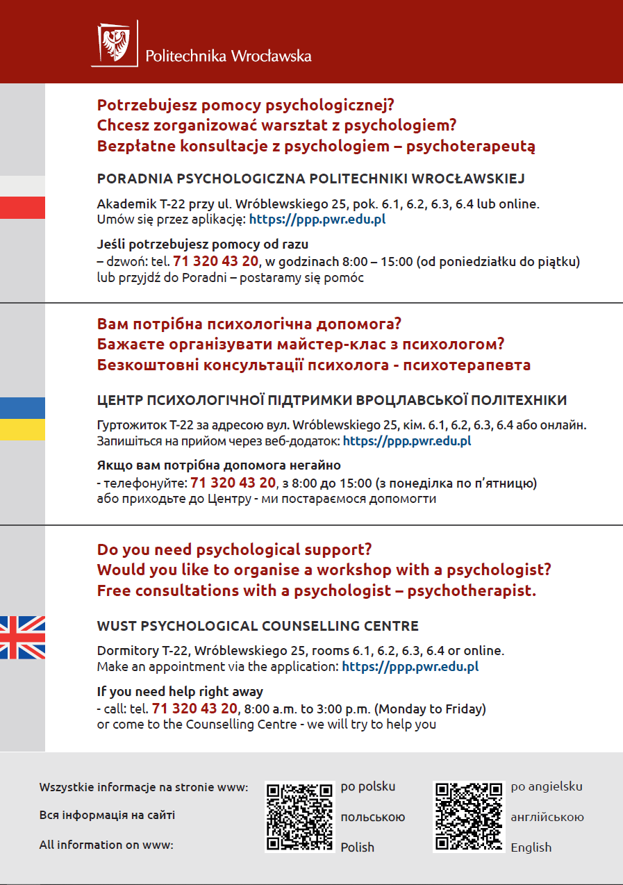 Informacje o poradni w języku polskim, ukraińskim i angielskim