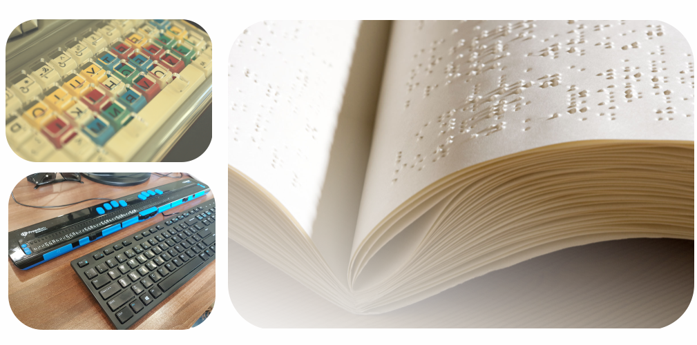 Braille keyboard and an excerpt from a book in Braille
